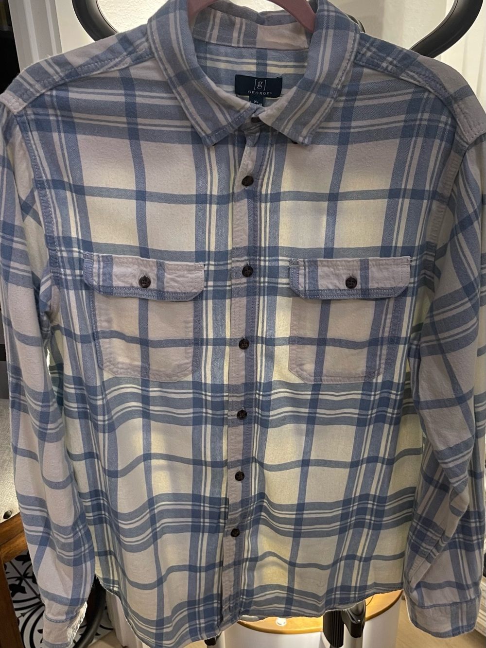 George Men’s Blue and White Plaid Button-Down Shirt